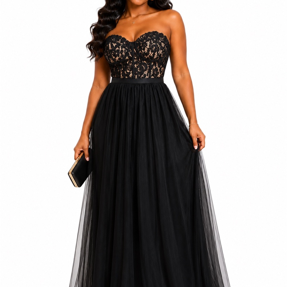 City Chic Black Strapless Lace & Tulle Gown